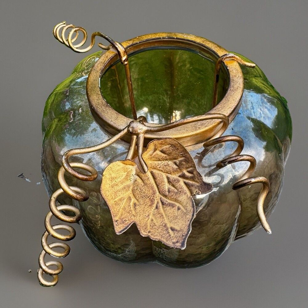 Lg Glass Pumpkin Candle Holder Halloween Fall Decor Gold Vine Leaf Metal Accents